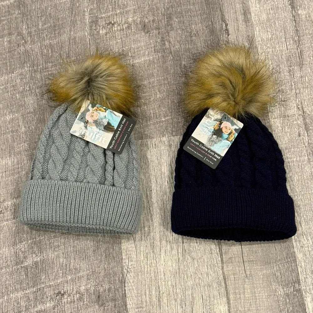 Brand New With Tags! 2 Cable Knit Youth Hats With Pom Pom Navy and‎ Grey